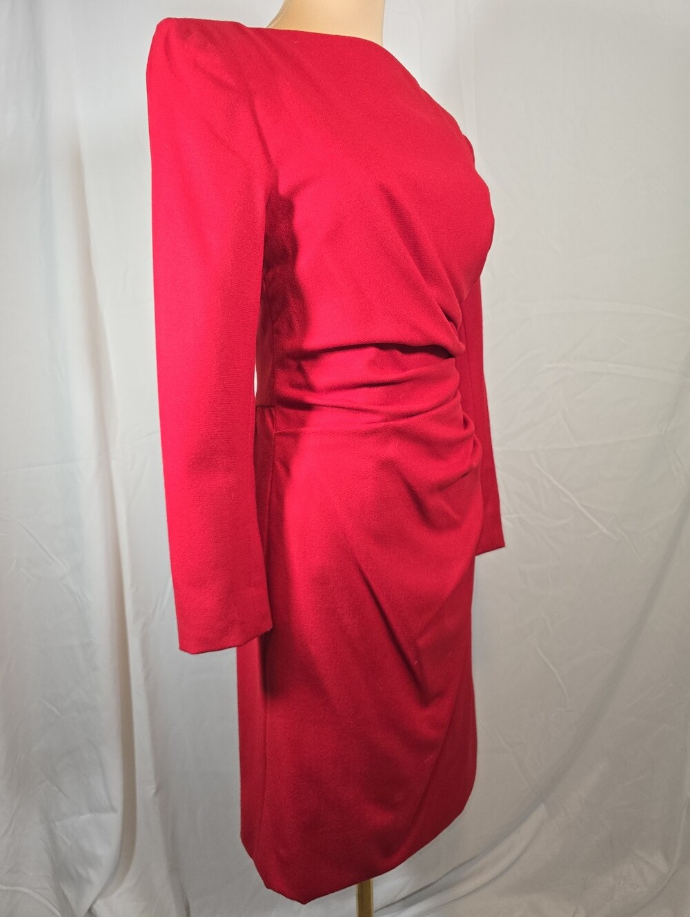 Vintage Red Wool Long-Sleeve Ruched Sheath Dress